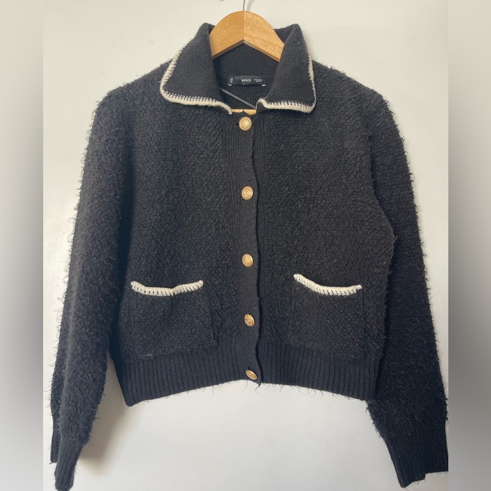 Mango Black Bouclé Jacket with Gold Button